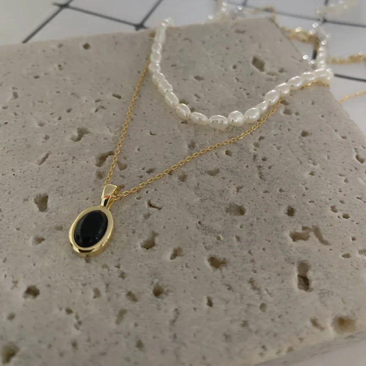 Fekete Onyx és Gyöngy Réteges Nyaklánc - Aria