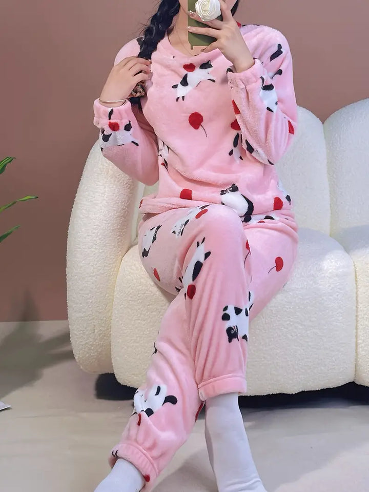 Meleg Fleece Pizsama Szett Aranyos Mintával - Celeste