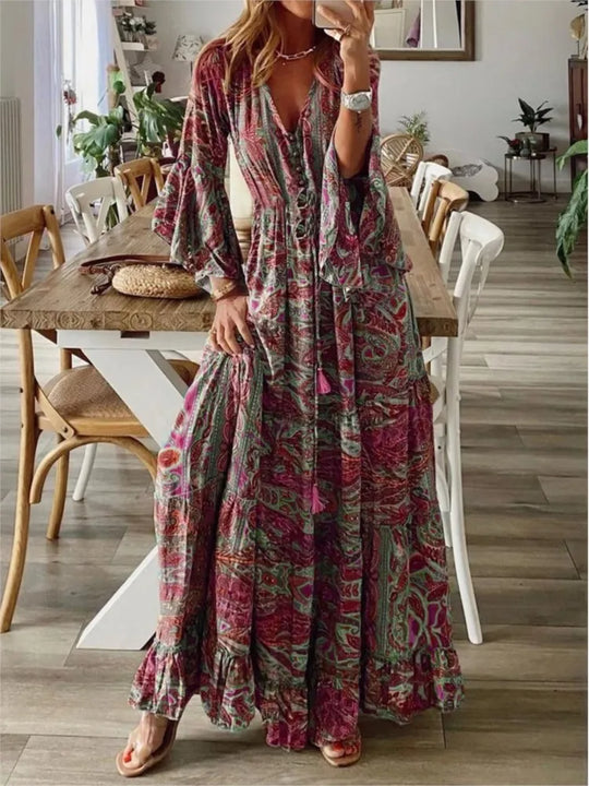 Boho maxi ruha, folyékony szabással és részletekkel – Amira