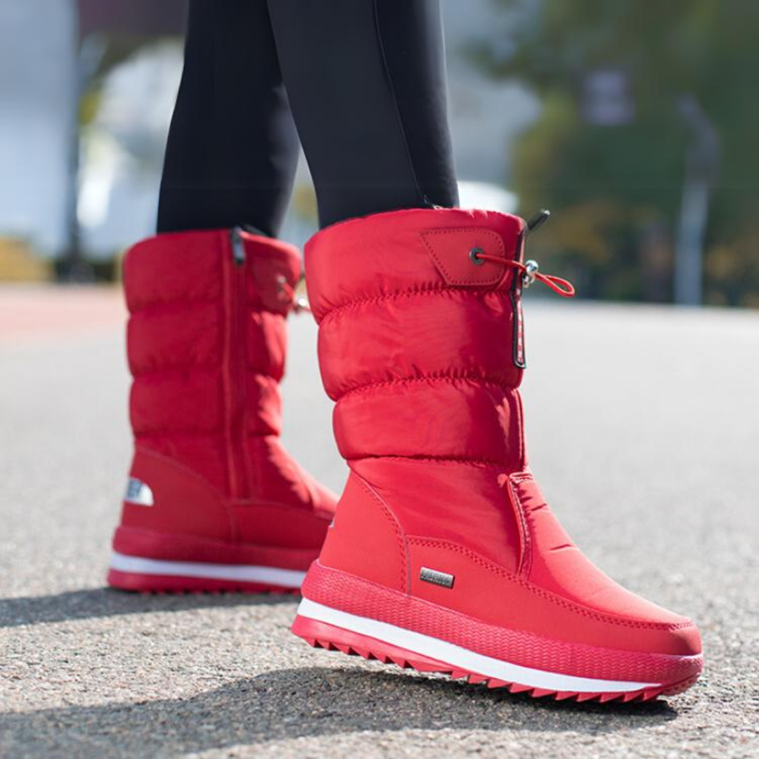 Rote Damen-Winterstiefel, wasserdicht, rutschfest, warm gefüttert, Outdoor-Schuhe.