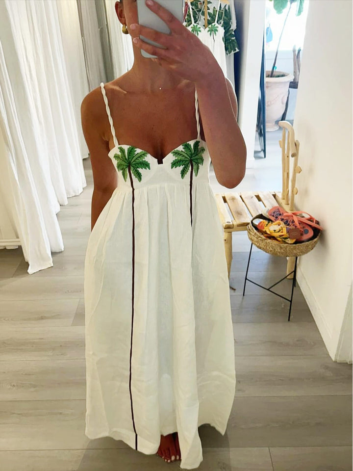Trendi pántos ruha trópusi pálmalevél mintával – Estelle