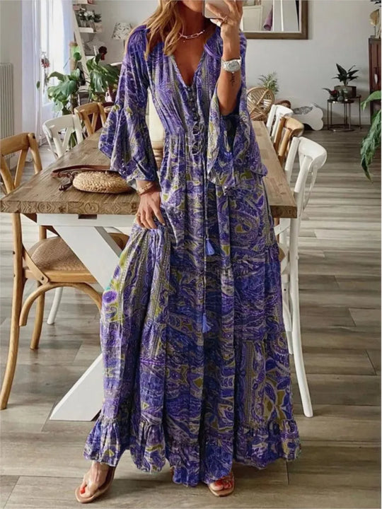 Boho maxi ruha, folyékony szabással és részletekkel – Amira