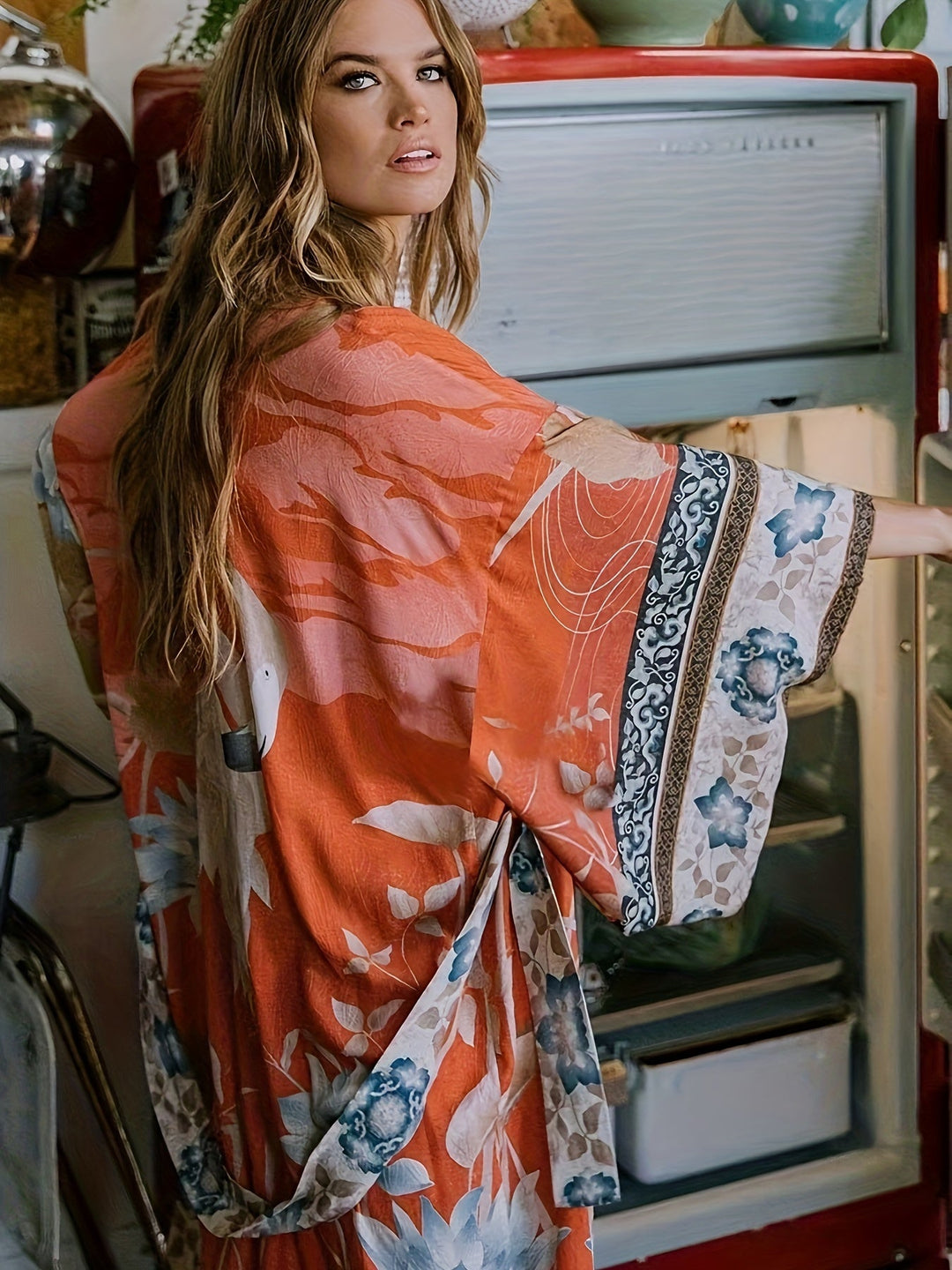 Piros Virágmintás Kimono - Isabella