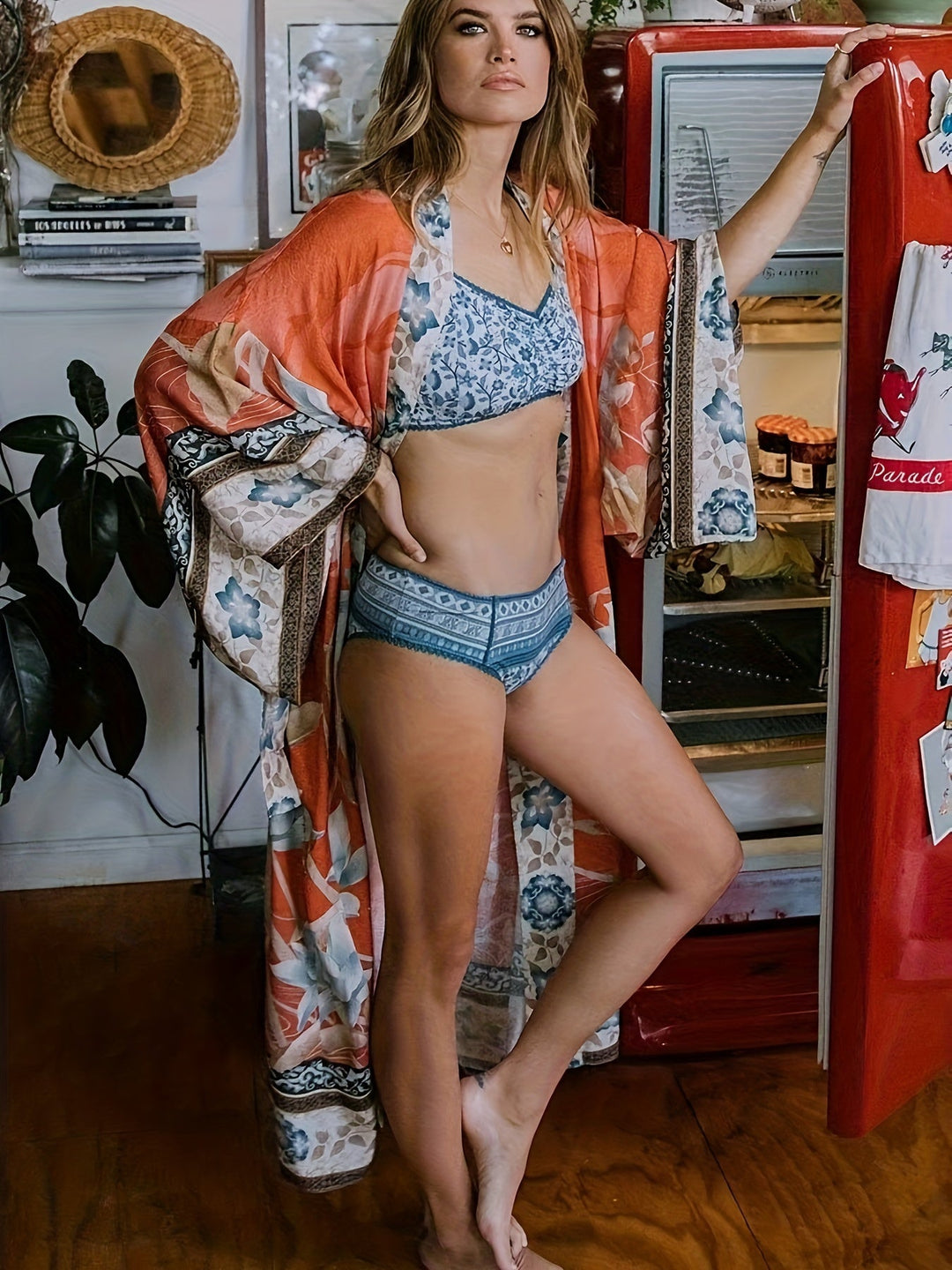 Piros Virágmintás Kimono - Isabella