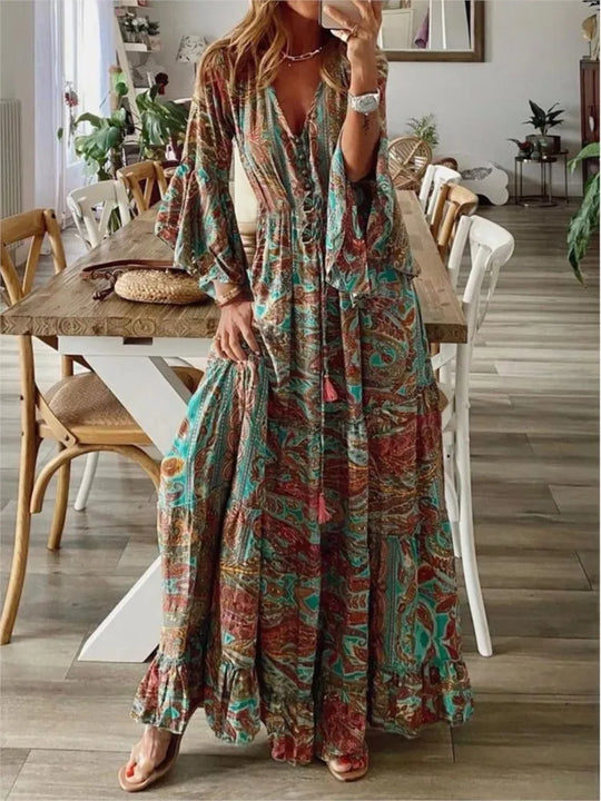 Boho maxi ruha, folyékony szabással és részletekkel – Amira