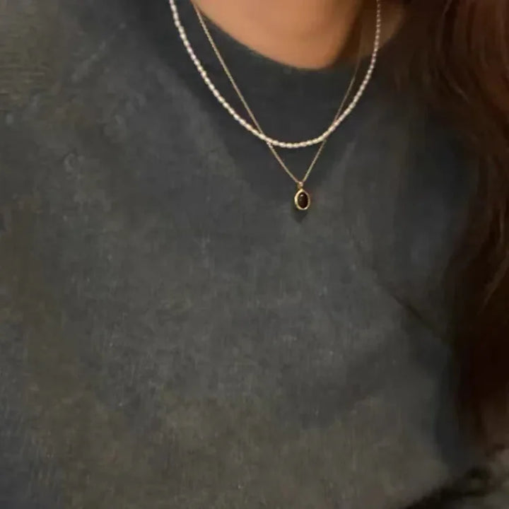 Fekete Onyx és Gyöngy Réteges Nyaklánc - Aria