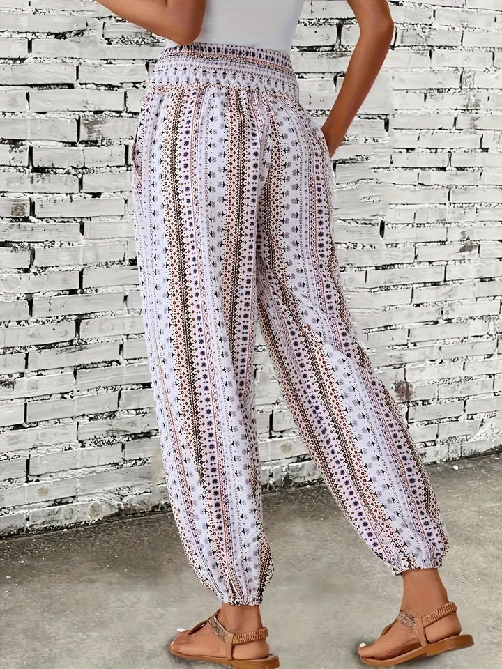 Boho magas derekú női nadrág mintával és ráncolt derékkal – Linara