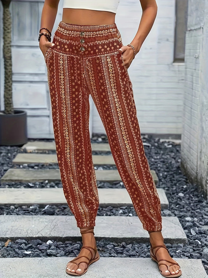 Boho magas derekú női nadrág mintával és ráncolt derékkal – Linara