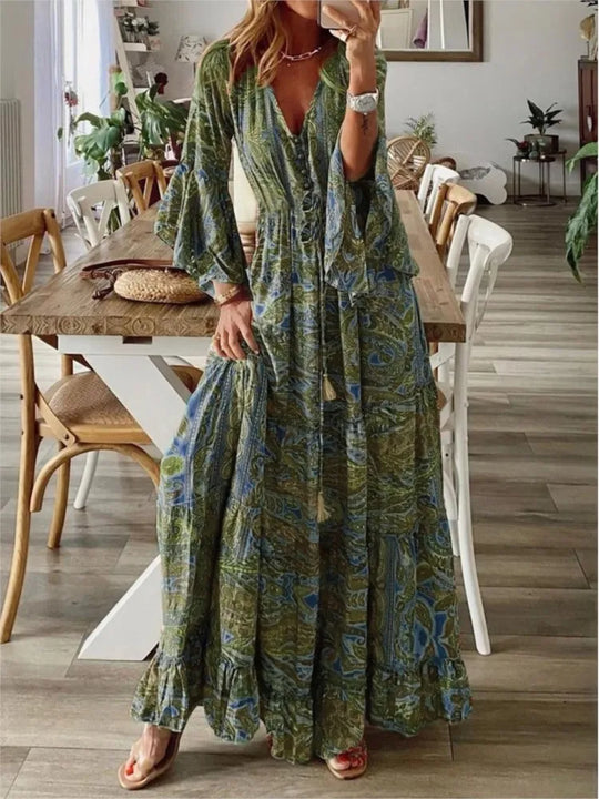 Boho maxi ruha, folyékony szabással és részletekkel – Amira