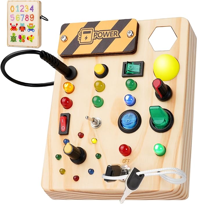 Holz Busyboard für Kinder, Lernspielzeug mit Schaltern, Knöpfen und Lichtern, Montessori-Stil.