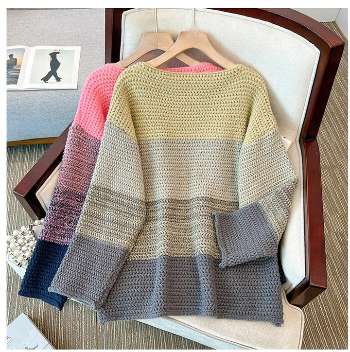 Női oversize kötött pulóver patchwork mintával – Melina