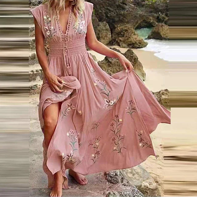 Boho nyári midi ruha V-nyakkivágással és légies szabással – Talia