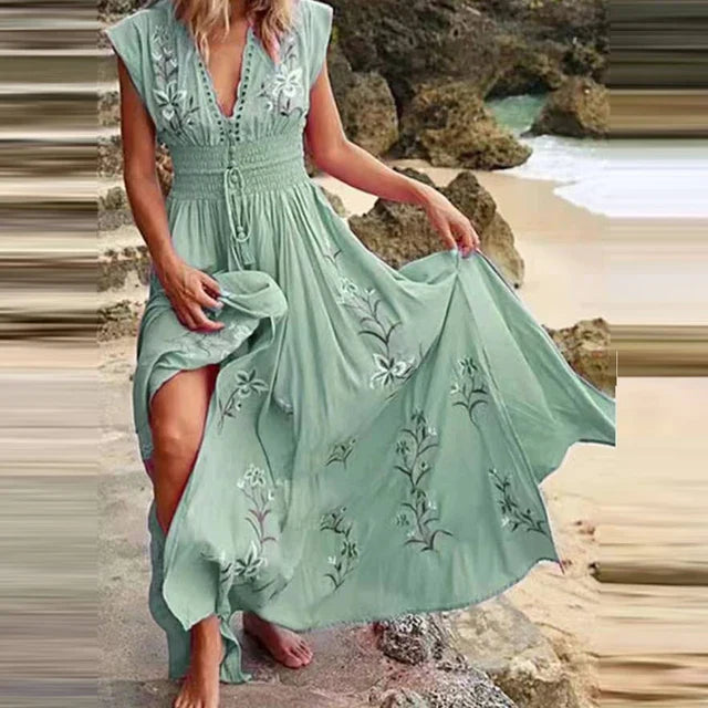 Boho nyári midi ruha V-nyakkivágással és légies szabással – Talia