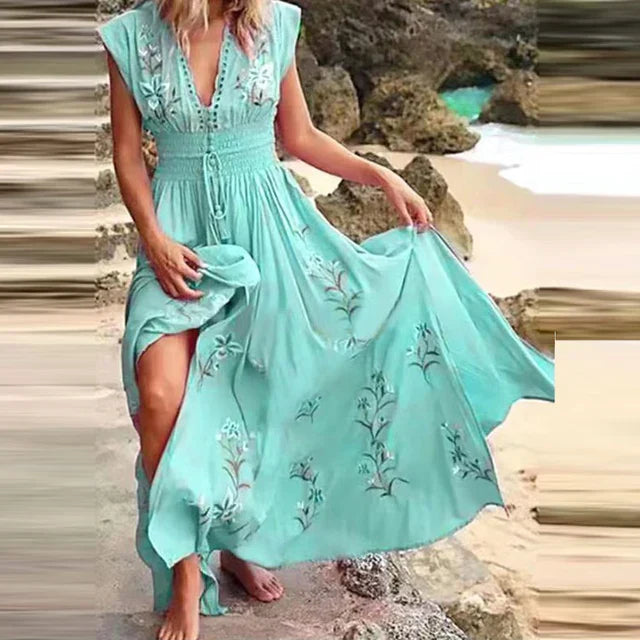 Boho nyári midi ruha V-nyakkivágással és légies szabással – Talia