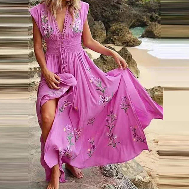 Boho nyári midi ruha V-nyakkivágással és légies szabással – Talia