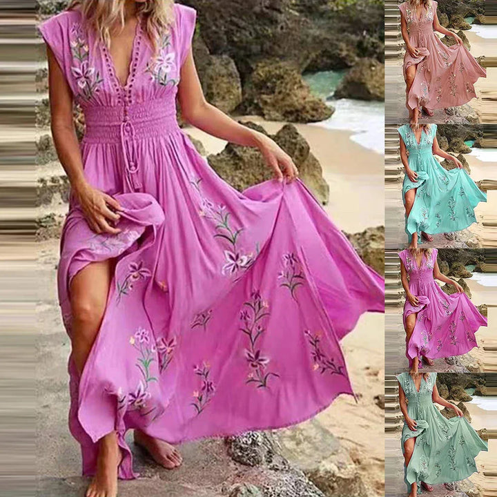 Boho nyári midi ruha V-nyakkivágással és légies szabással – Talia