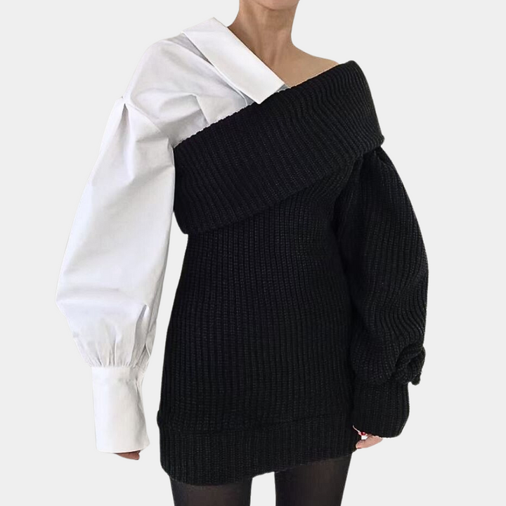 Kötött Off-Shoulder Ruha Kontrasztos Ujjakkal – Selina