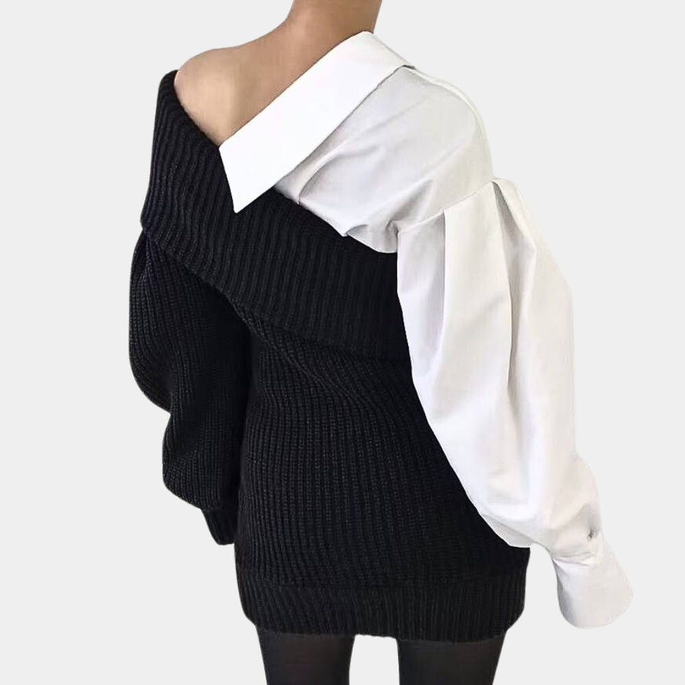 Kötött Off-Shoulder Ruha Kontrasztos Ujjakkal – Selina