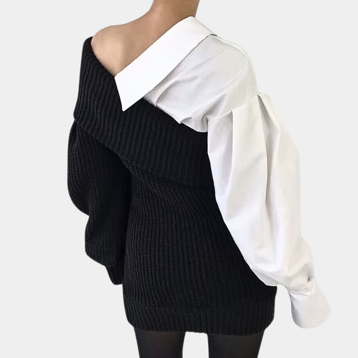 Kötött Off-Shoulder Ruha Kontrasztos Ujjakkal – Selina