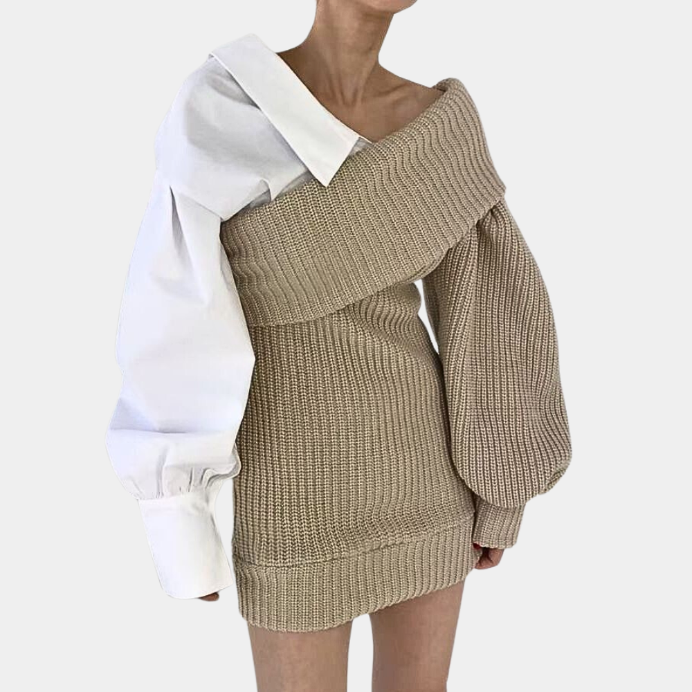 Kötött Off-Shoulder Ruha Kontrasztos Ujjakkal – Selina