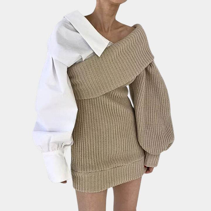 Kötött Off-Shoulder Ruha Kontrasztos Ujjakkal – Selina