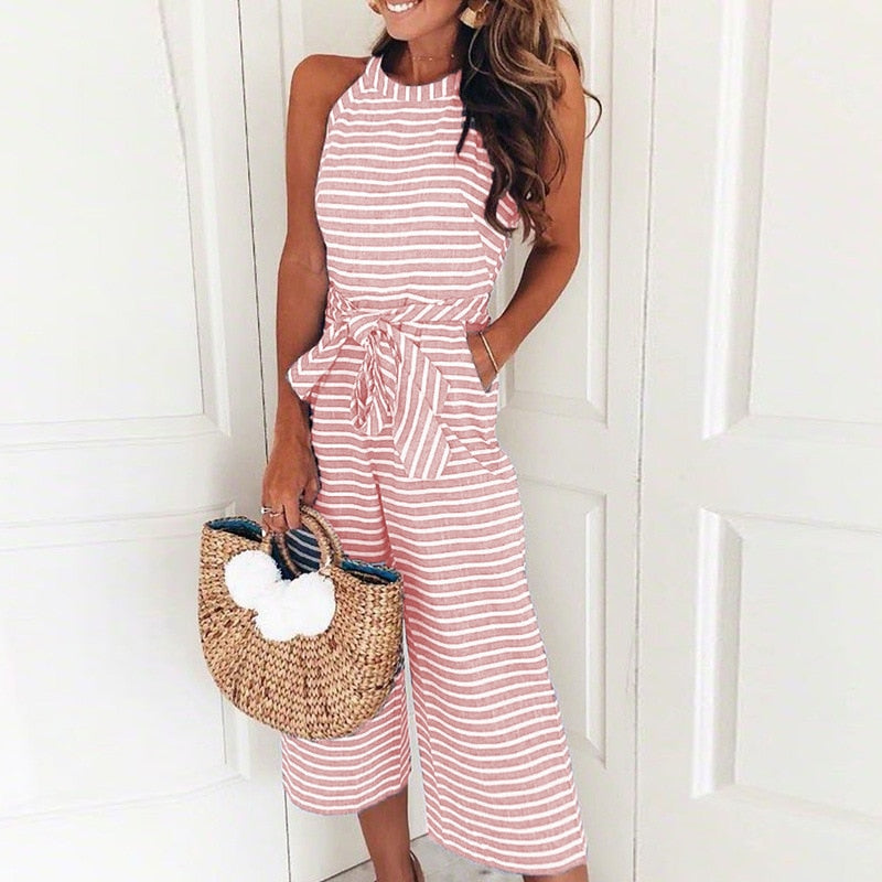 Csíkos női jumpsuit, átlapolós dekoltázzsal – Vivienne