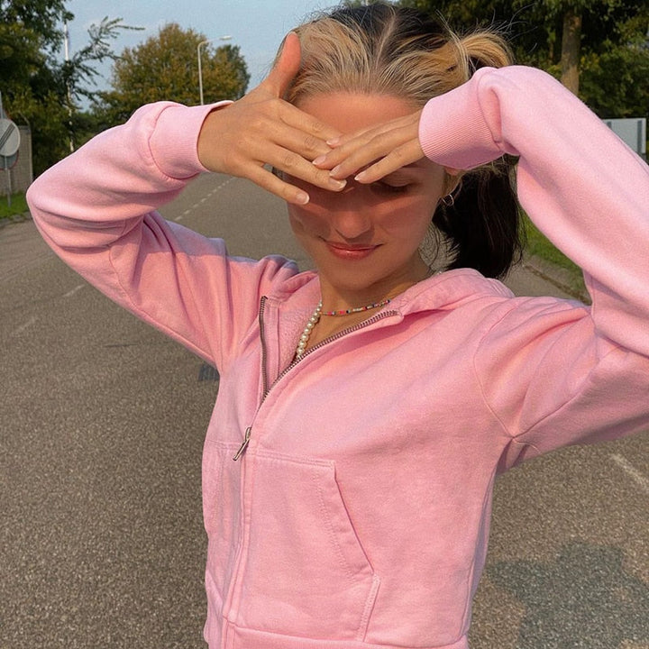 Trendi, testhez simuló női croppolt zipzáros kapucnis pulóver – Alina
