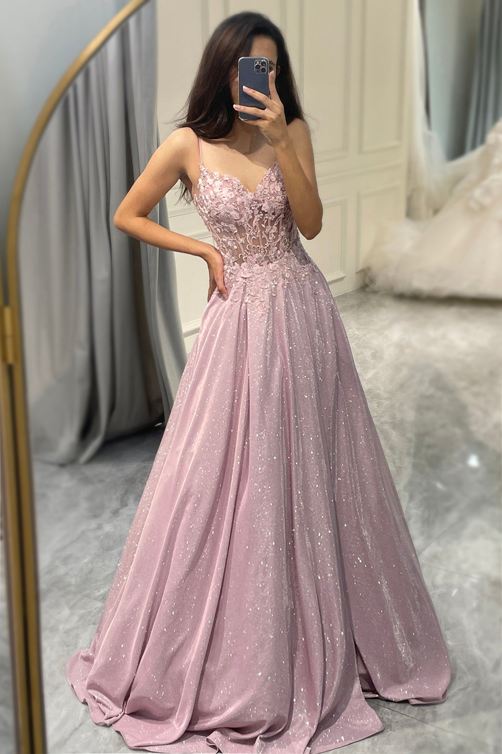 Csillogó Blush A-vonalú Estélyi Ruha - Clara