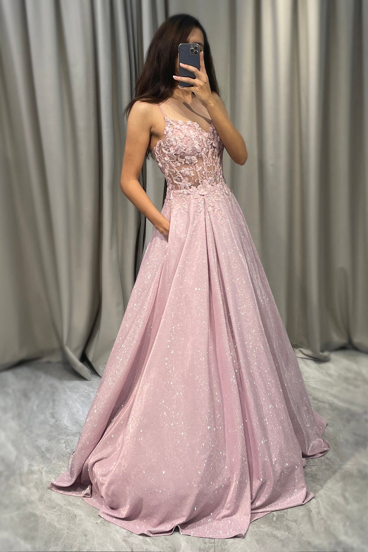 Csillogó Blush A-vonalú Estélyi Ruha - Clara