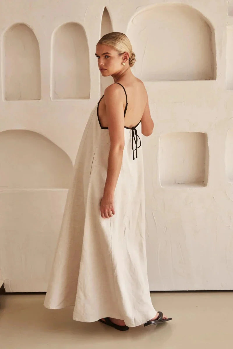Ujjatlan Bézs Boho Maxi Ruha Vászonhatású – Elin