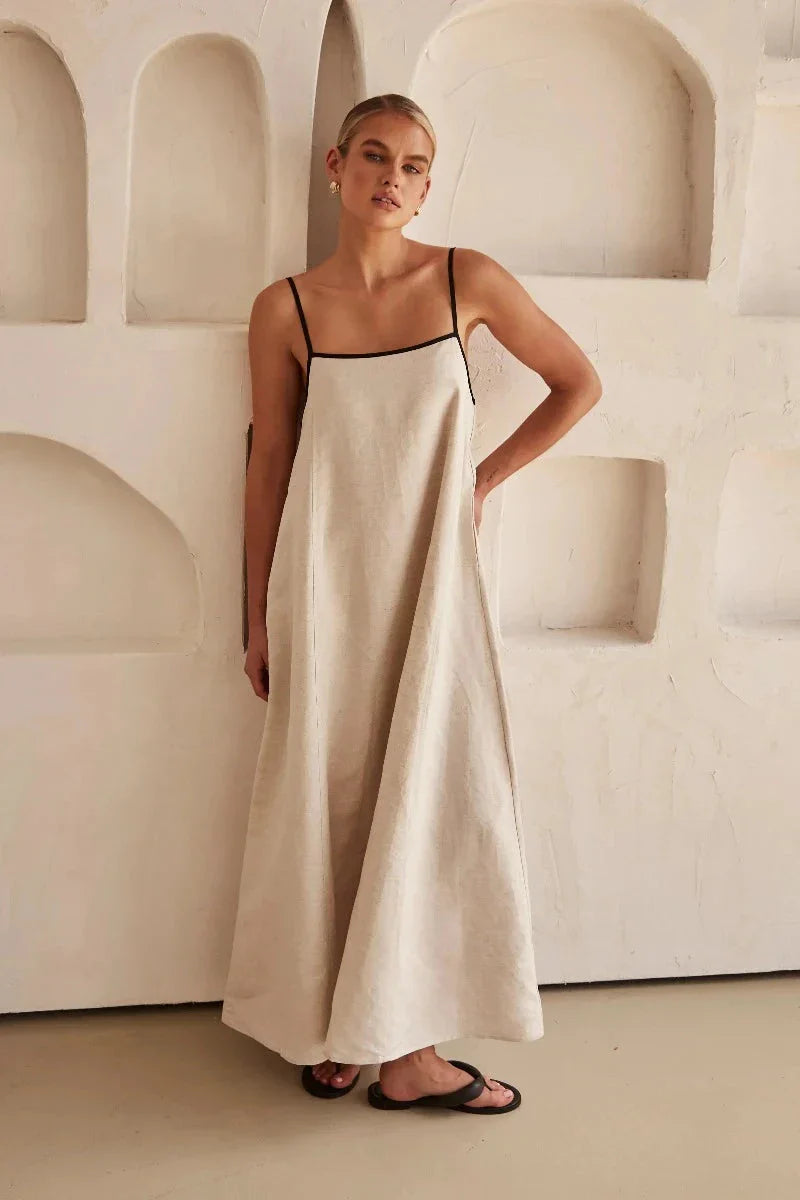 Ujjatlan Bézs Boho Maxi Ruha Vászonhatású – Elin