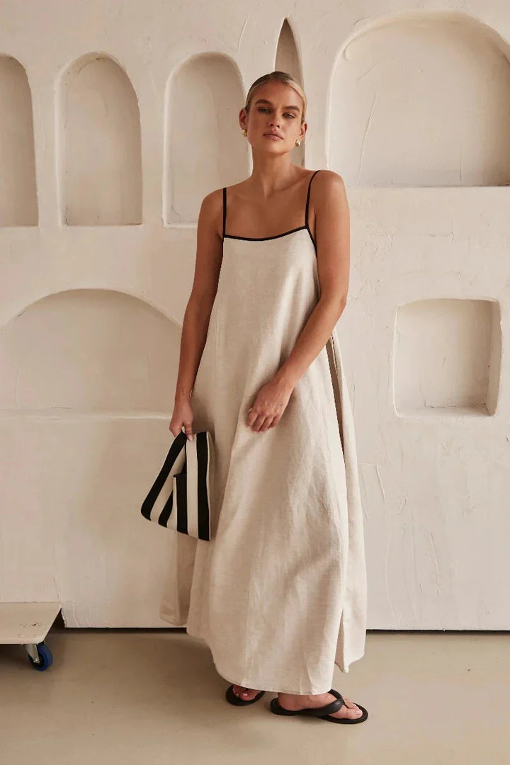 Ujjatlan Bézs Boho Maxi Ruha Vászonhatású – Elin