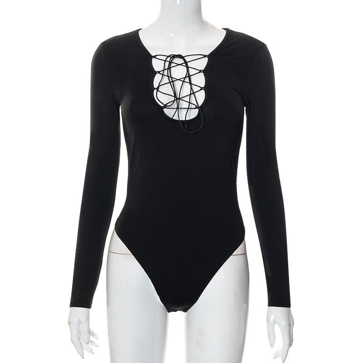 Trendi női bodysuit fűzéssel és mély V-nyakkivágással – Aveline