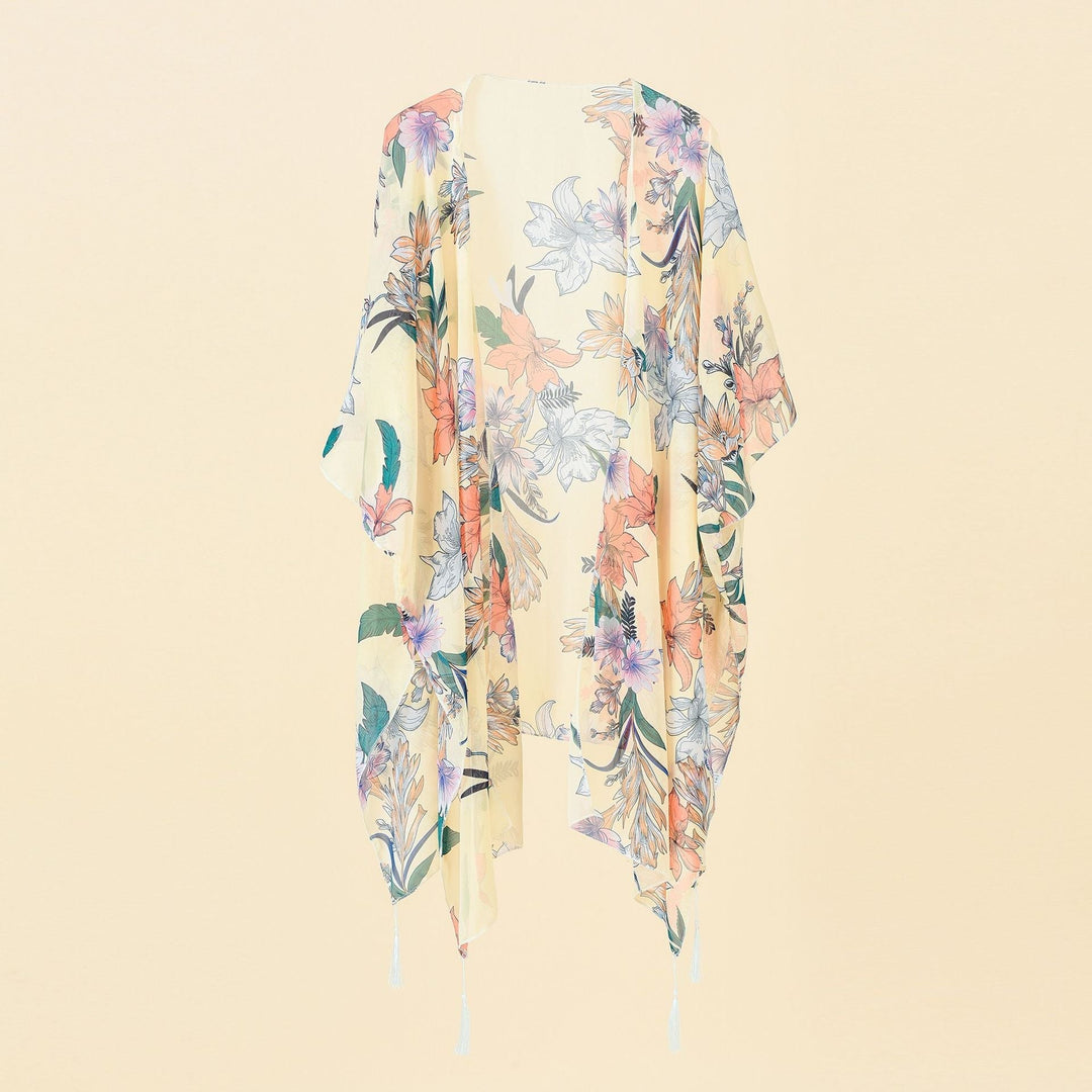 Kimono borító virágmintával és bojtokkal – Liora