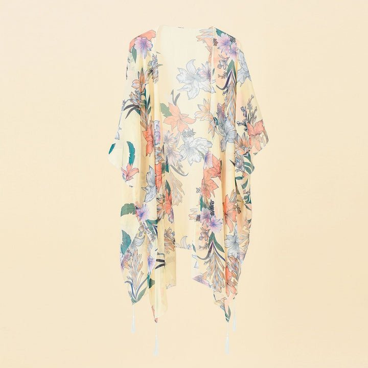 Kimono borító virágmintával és bojtokkal – Liora