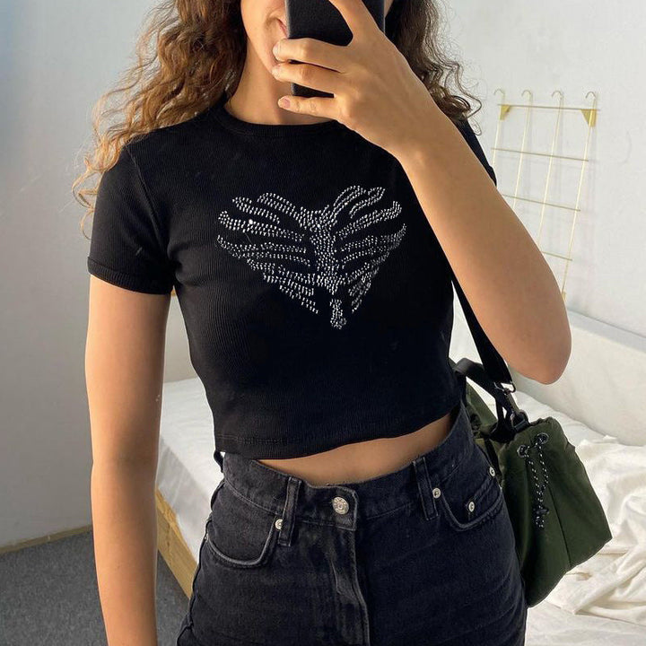 Trendi női crop top strasszkő koponyamintával – Yara
