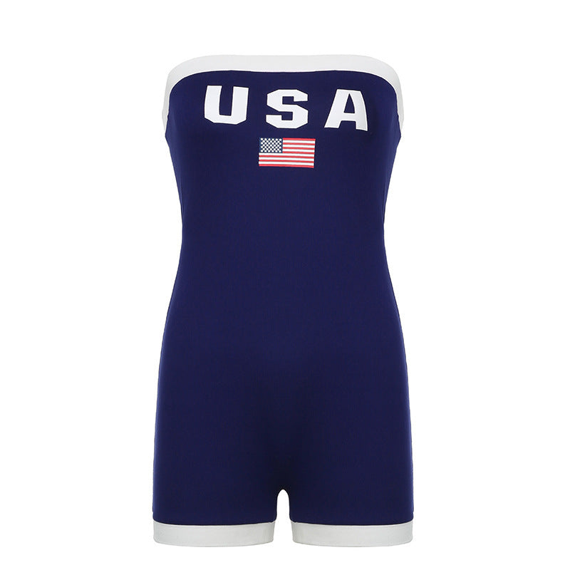 Trendi bandeau fürdőruha USA-motívummal és kontraszt részletekkel – Lexie