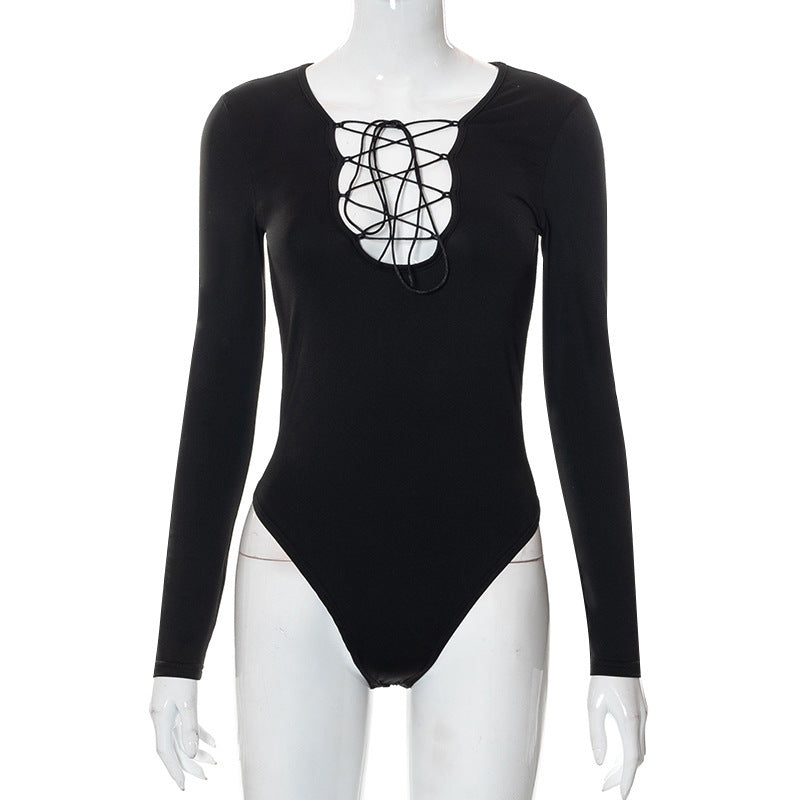 Trendi női bodysuit fűzéssel és mély V-nyakkivágással – Aveline