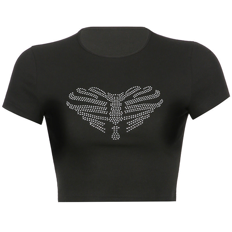Trendi női crop top strasszkő koponyamintával – Yara