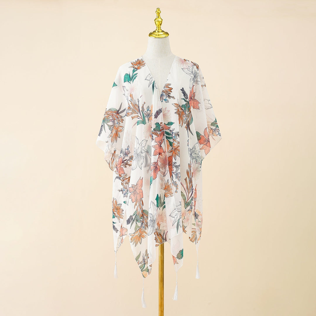 Kimono borító virágmintával és bojtokkal – Liora
