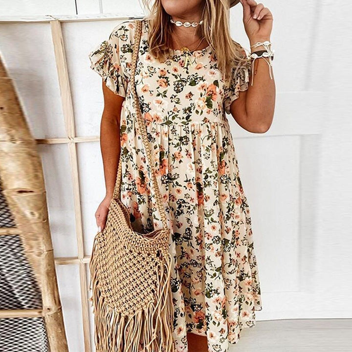 Boho virágmintás ruha fodrokkal és derékszabással – Calista