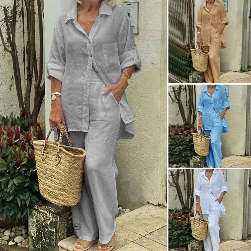 Laza és Stílusos Oversized Vászon Társalgó Blúzzal és Nadrággal Nőknek – Amaris