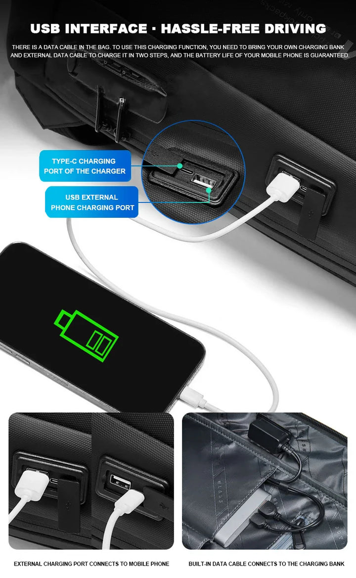 Bővíthető vízálló laptop- és lopásgátló utazótáska USB porttal