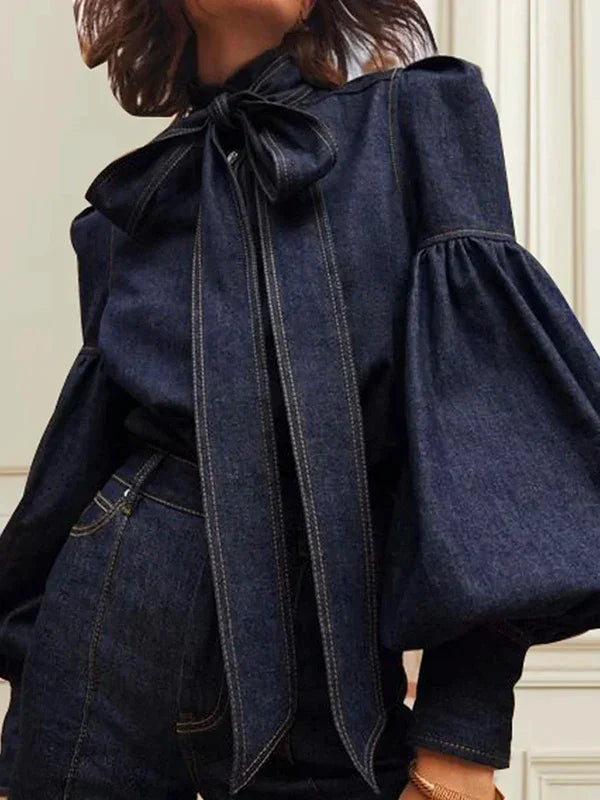 Hölgym denim blúz puffos ujjakkal - Riva