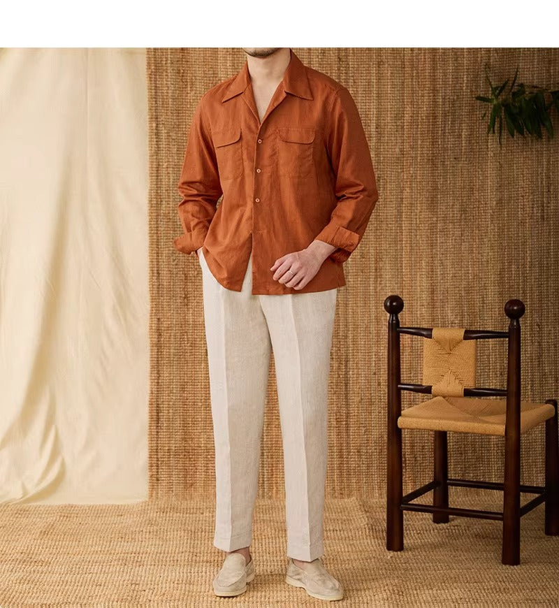 Laza férfi ing vászonból, kubai gallérral és hosszú ujjakkal – Mateo