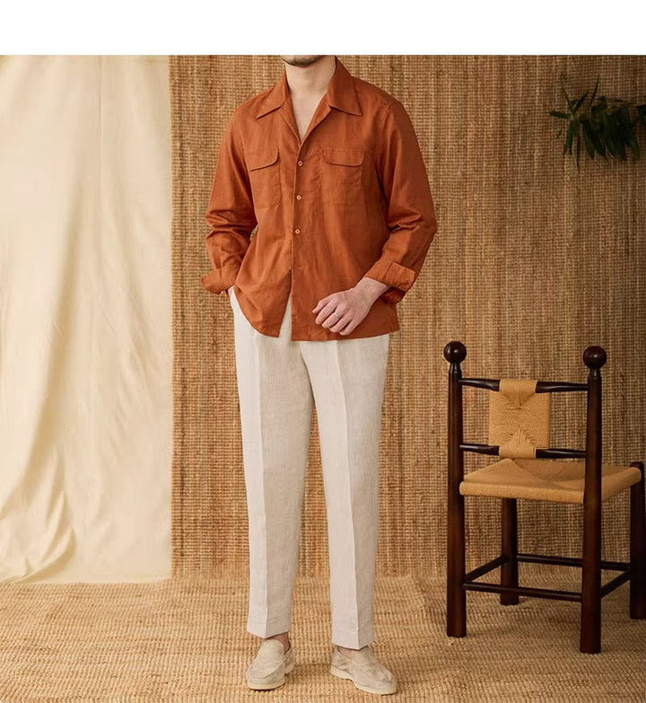 Laza férfi ing vászonból, kubai gallérral és hosszú ujjakkal – Mateo