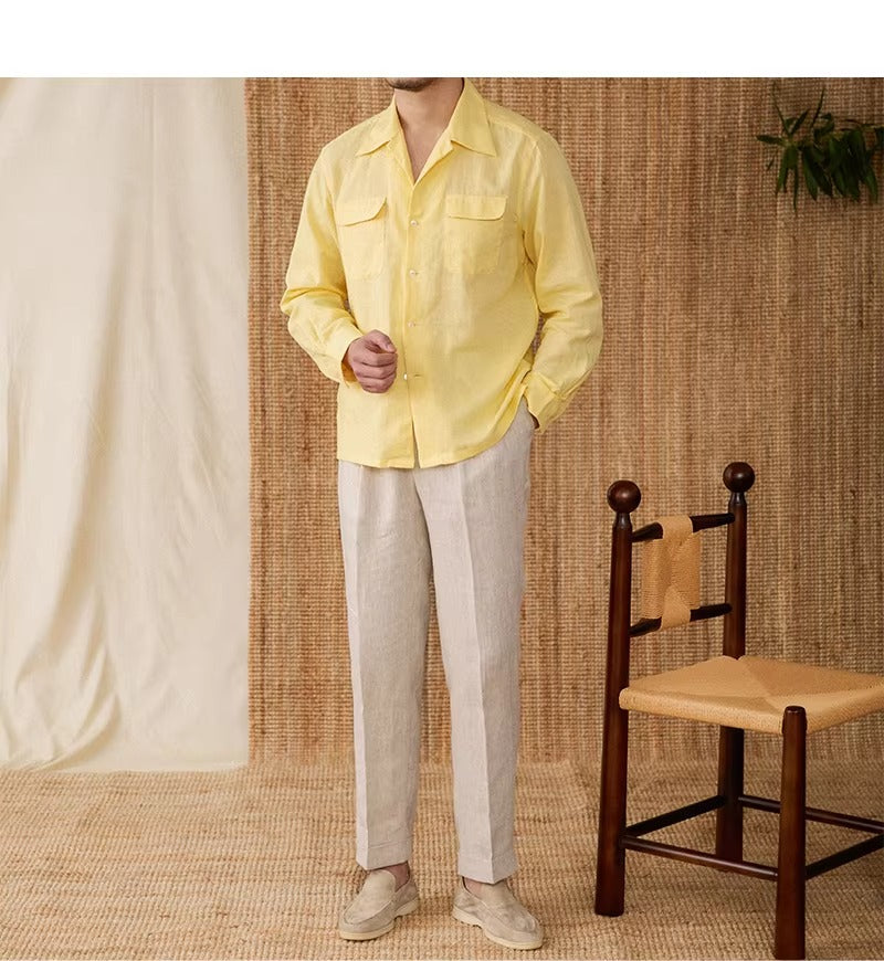 Laza férfi ing vászonból, kubai gallérral és hosszú ujjakkal – Mateo