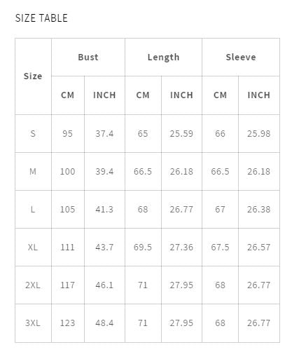 Größentabelle für Damenoberteile, Maße in cm und Zoll, Größen S bis 3XL.