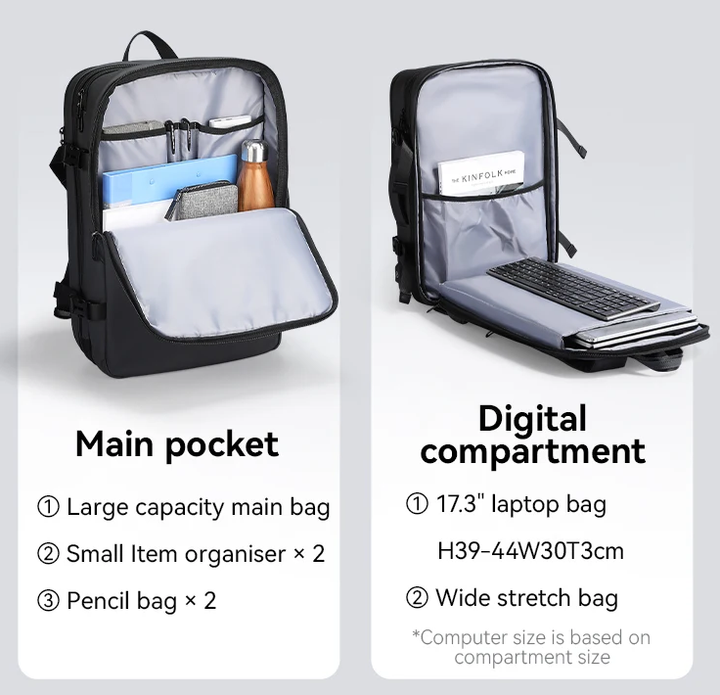 Bővíthető vízálló laptop- és légitársasági utazótáska