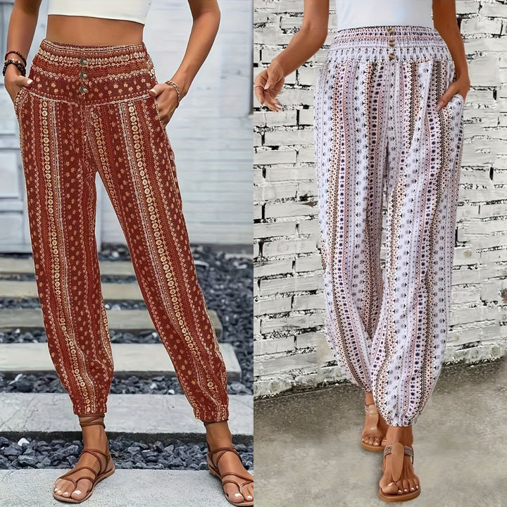 Boho magas derekú női nadrág mintával és ráncolt derékkal – Linara